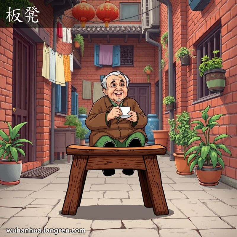 一张传统木制板凳放在武汉老式庭院中，老人坐在上面喝茶，背景是武汉巷子景象