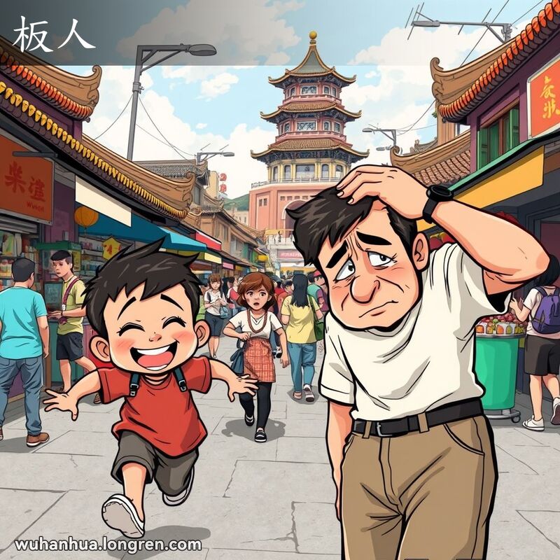 调皮的小男孩在武汉街头奔跑，大人显得疲惫不堪，背景是武汉的传统街景和黄鹤楼