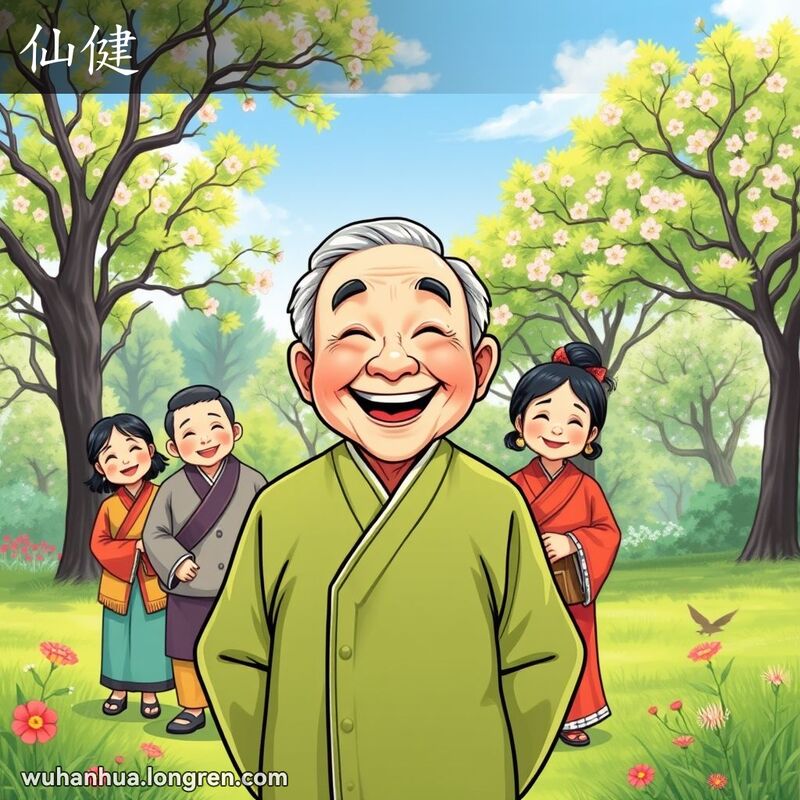 一位穿着传统服饰的武汉老人在公园中笑容灿烂，神采奕奕，背景是绿意盎然的公园。