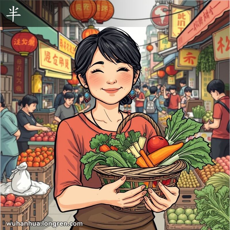 一位武汉妇女在市场上手持半满的蔬菜篮子，背景是热闹的市场景象