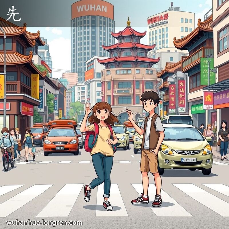 两位朋友在武汉街头，一位朋友先行离开，另一位朋友示意她先走，背景是武汉的城市景观