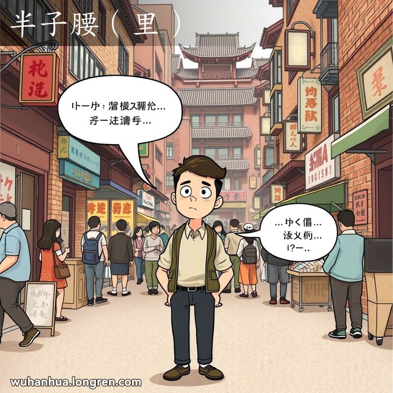 一位武汉男子在街头与朋友交谈，突然停下不说了，表情犹豫不决，背景是武汉老街景