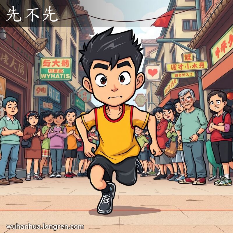 一位年轻人在武汉街头准备起跑，背景是热闹的市场和传统建筑