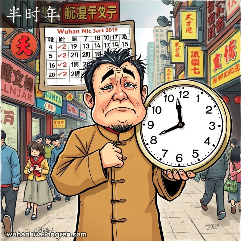 一位中年男子手持大钟，表情疲惫，背景是武汉街道和日历，象征漫长的时间流逝。
