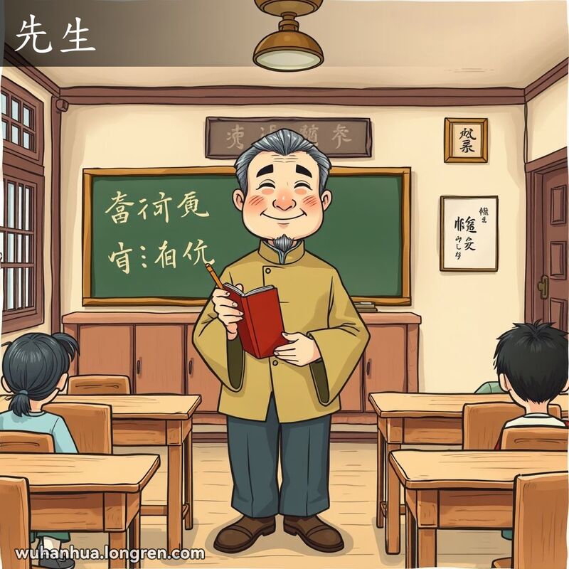 一位中年男子在旧时武汉私塾教室内教书，背景有学生和老式教室布景