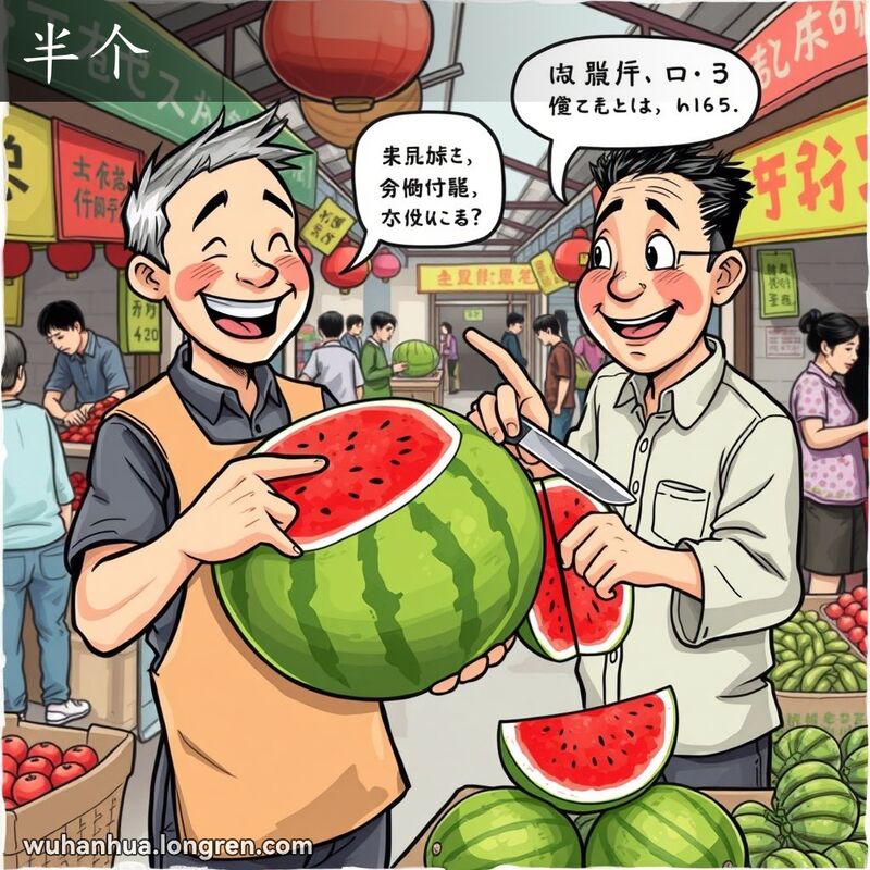 武汉市场摊贩展示西瓜，顾客比划要半个，摊贩切开西瓜，背景有其他摊位和人群