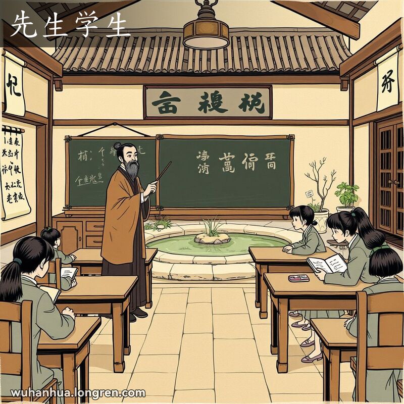 传统中国教室，老师手持教鞭，学生认真听讲，背景是宁静的庭院