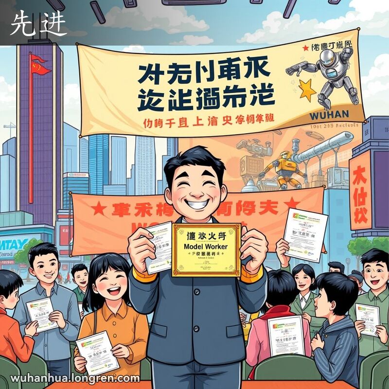 一群人在武汉现代化城市背景下的会议室中，中心人物微笑着接受“先进分子”奖，背景有激励口号和高科技图像