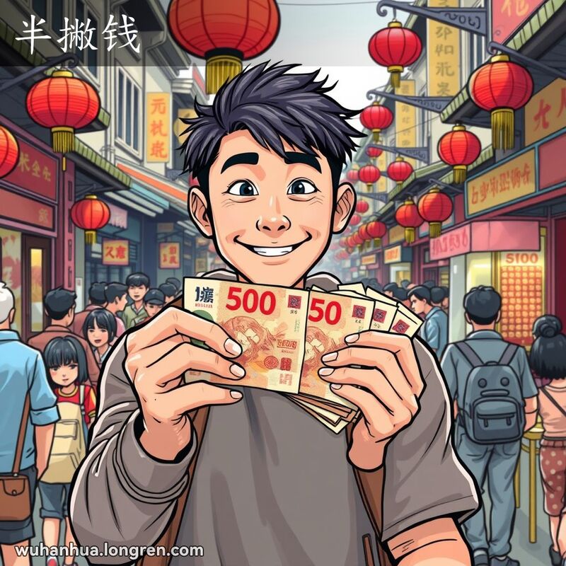 一位年轻人在武汉街市上手持五百元钞票，面带自信表情，背景是传统街市景象
