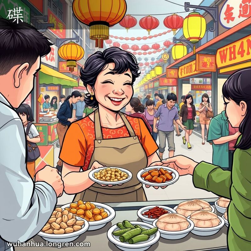 一位中年妇女在武汉街头市场的小吃摊前，手持装有花生米的小碟子，背景是热闹的市场摊位和行人