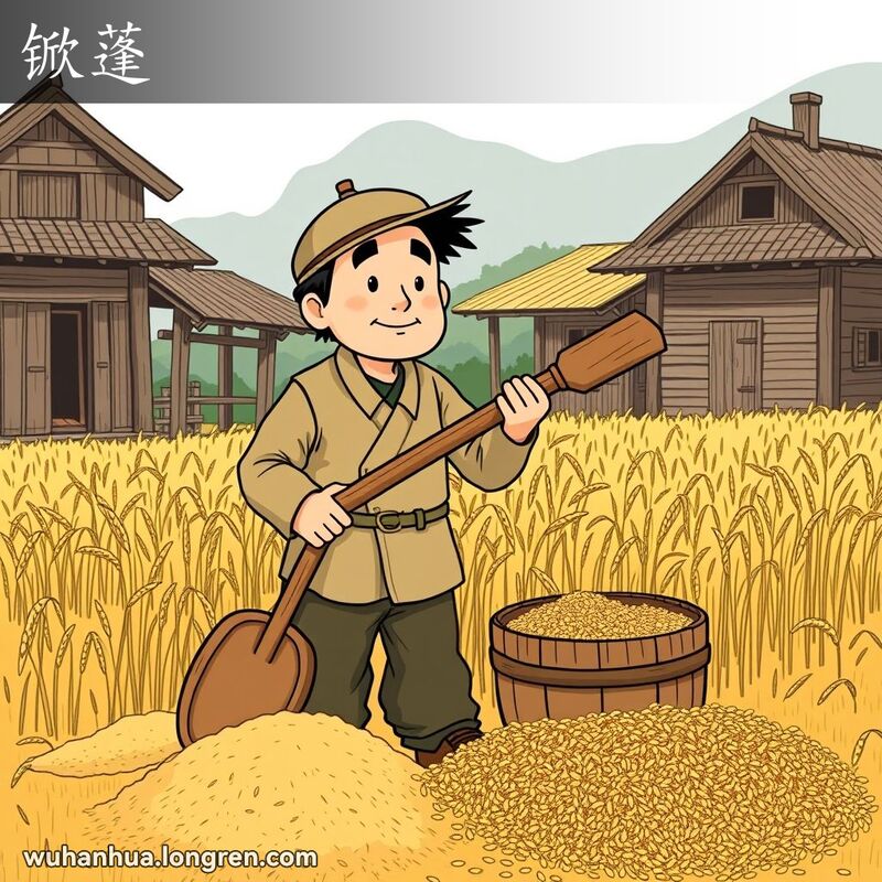 一位武汉农民在田野中使用木制农具“锨蓬”铲粮食，背景是金黄的麦田和传统农舍。