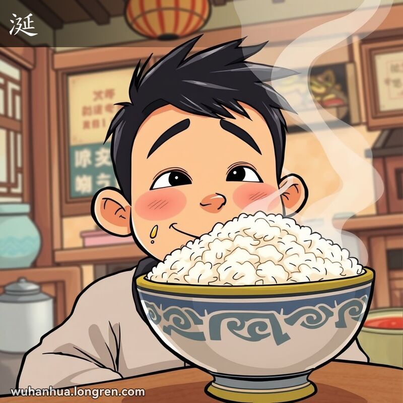 一位武汉市民站在热气腾腾的米饭前，嘴角挂着口水，表情馋嘴，背景是温馨的厨房