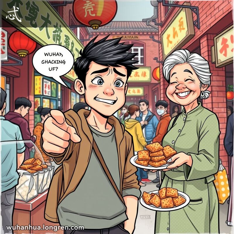 一位年轻人在武汉街头市场指着小吃摊，脸上露出“忒”的表情，背景是武汉老街景