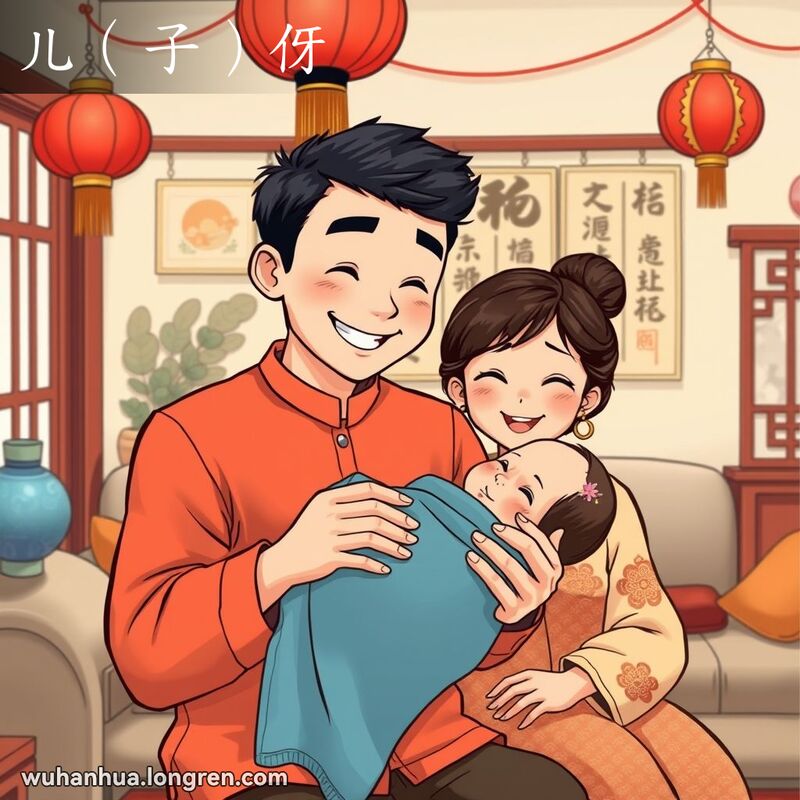 一位父亲怀抱新生男孩，母亲坐在一旁，背景是传统武汉家庭客厅