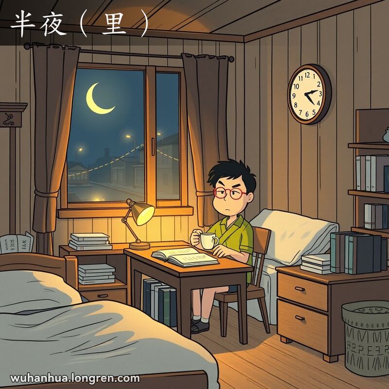 一位武汉市民在传统房间里深夜学习，周围有书籍和台灯，窗外是寂静的街道和新月，时钟显示午夜。