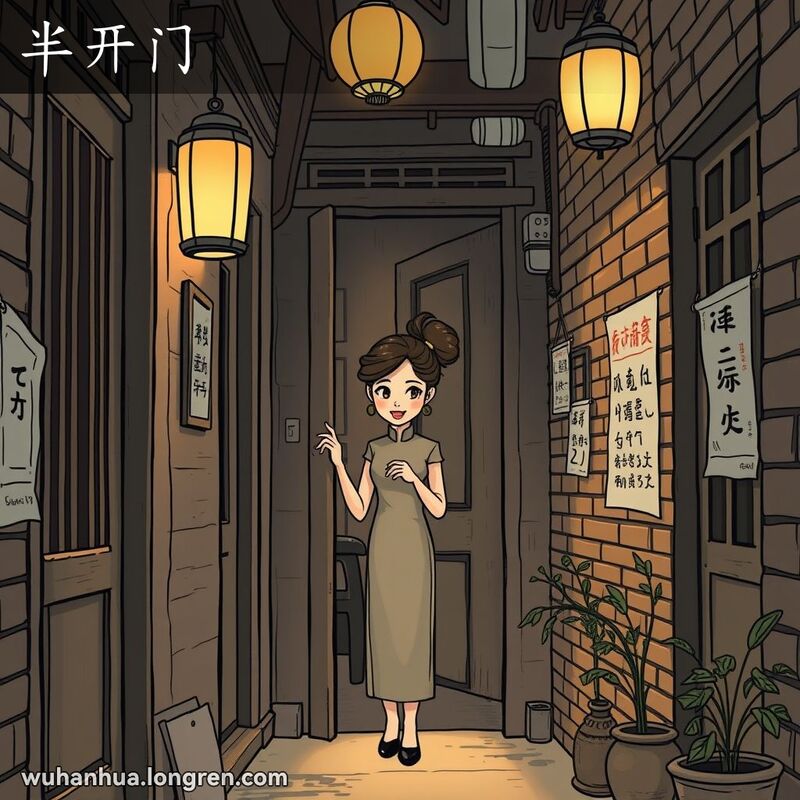 一位女子站在武汉老街巷的半开门口，小心翼翼地向外张望，背景是昏暗的巷子和旧海报