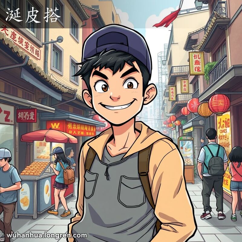 一位年轻男子倚靠在武汉老街的墙边，穿着休闲装，戴着反戴的帽子，脸上带着调皮的笑容，背景是热闹的武汉街景
