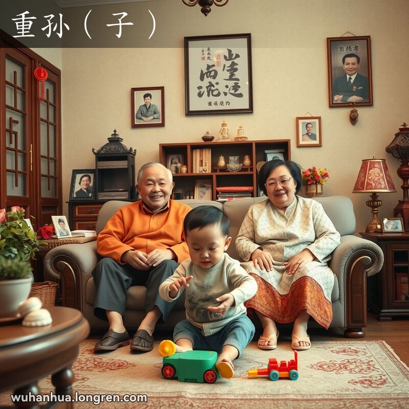 一对武汉老人坐在客厅沙发上，面前是他们孙子的儿子在地上玩耍，背景是温馨的家庭场景