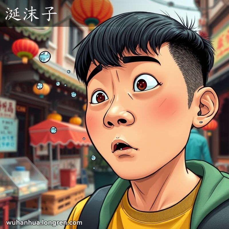 一位武汉市民说话时喷出细小的唾液泡沫，表情惊讶和略微厌恶，背景是武汉街景