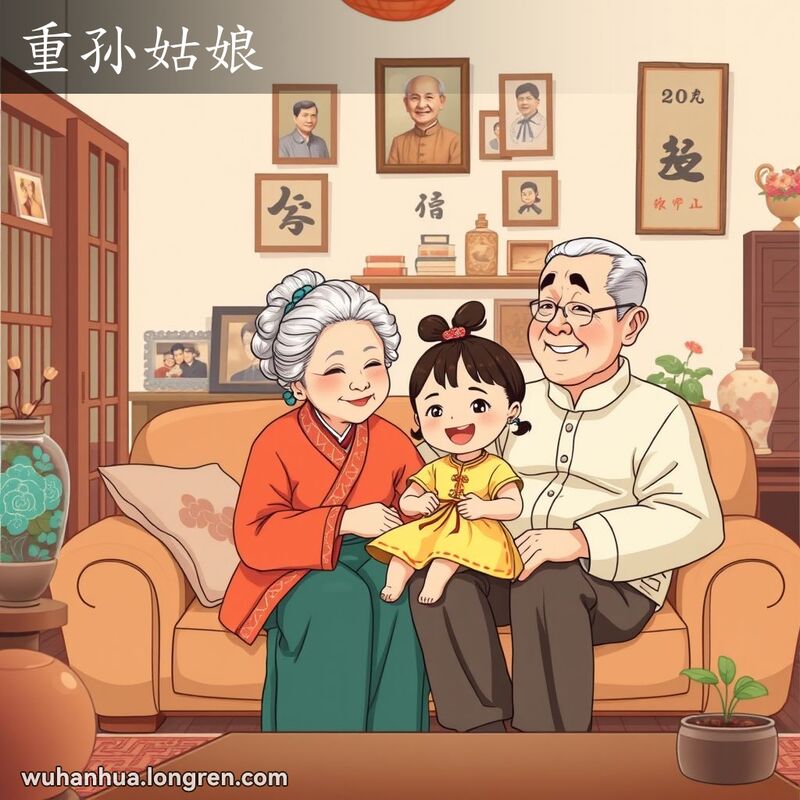 一对武汉老夫妇在客厅里，祖母怀抱着重孙女，祖父自豪地看着她们，背景是温馨的家庭环境