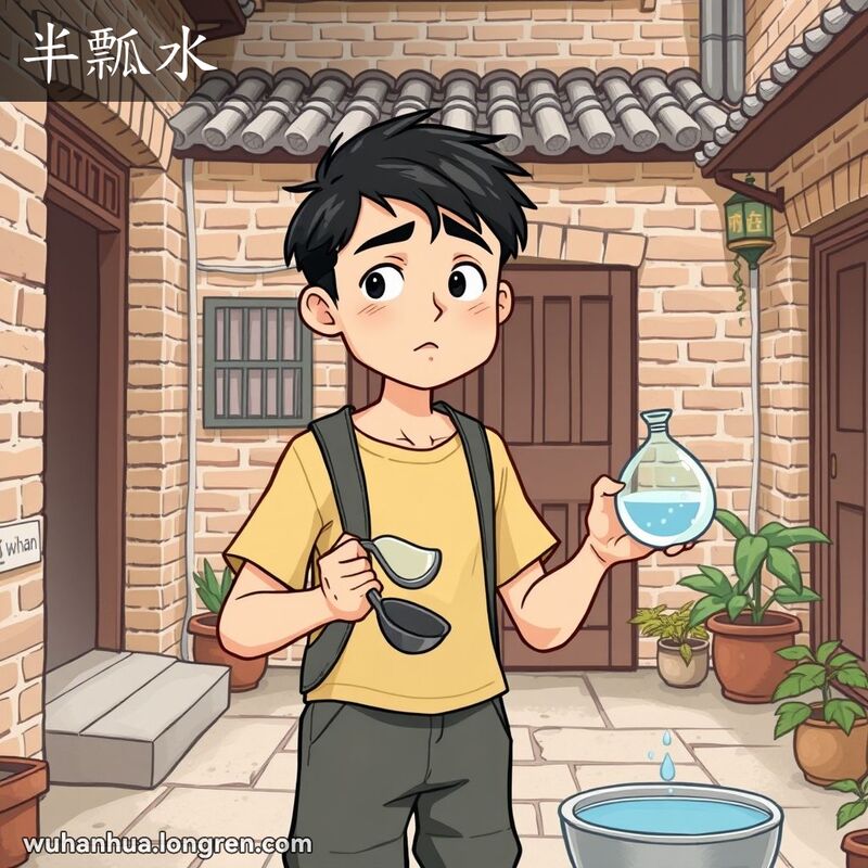 一位年轻人站在武汉院落中，手持半满的水瓢，脸上带着困惑的表情，背景是武汉老院落景象