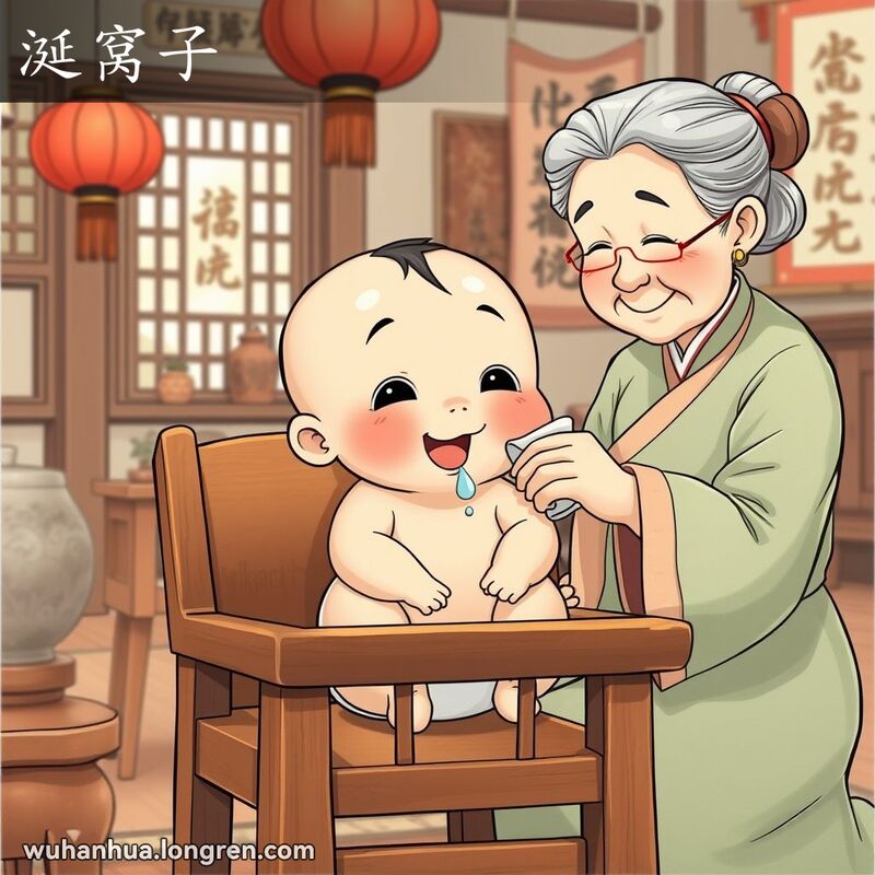 一位可爱的婴儿坐在木椅上，脸颊红润，嘴角流着口水，耳下部有明显的腮腺突起，背景是温馨的武汉老房子，有红灯笼和书法挂轴，一位老妇人正用软布轻轻擦拭婴儿的下巴。