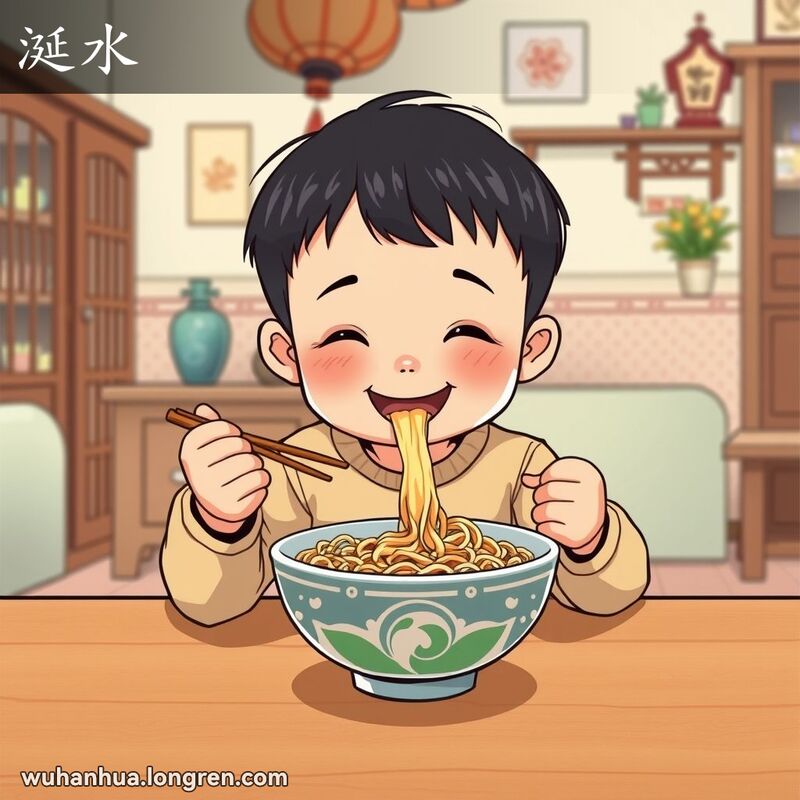 一位武汉小孩坐在餐桌前，嘴角挂着一丝口水，开心地吃着面条，背景是温馨的家庭环境