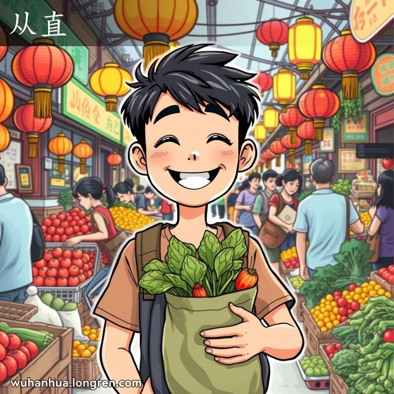 一位武汉年轻人在市场中手持蔬菜，露出“从直”的自信笑容，背景是繁忙的市场景象