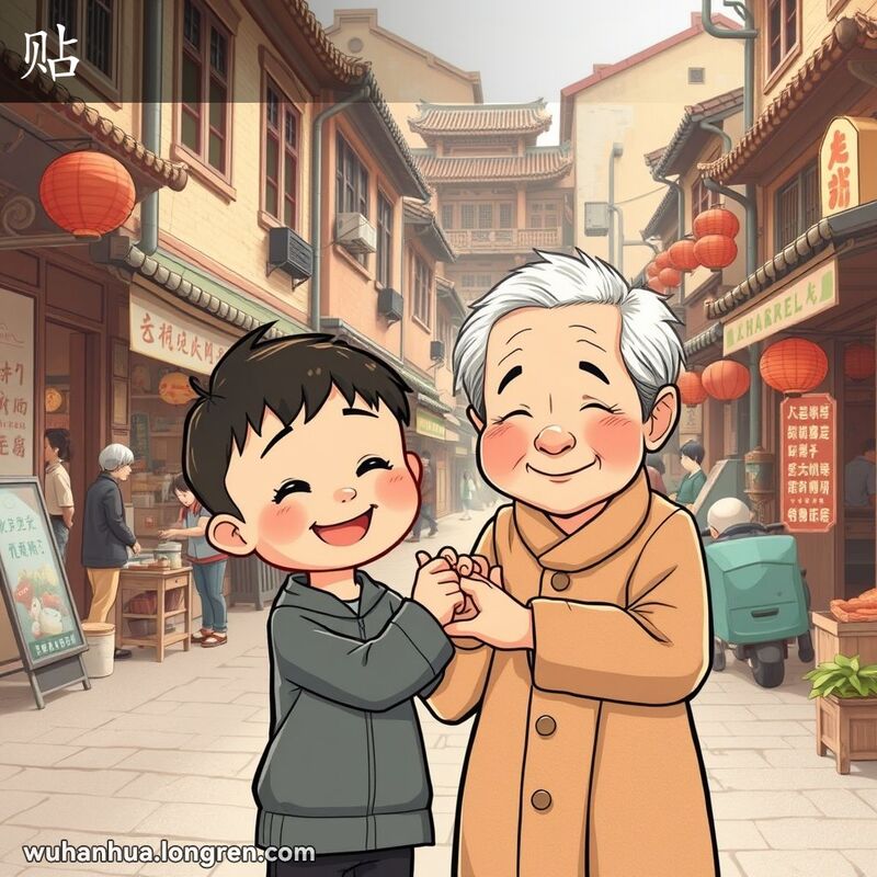 一位小孩子紧紧握着一位老人的手，站在武汉的老街上，展现出亲近和亲情的感觉，背景是繁忙的市场和传统的建筑