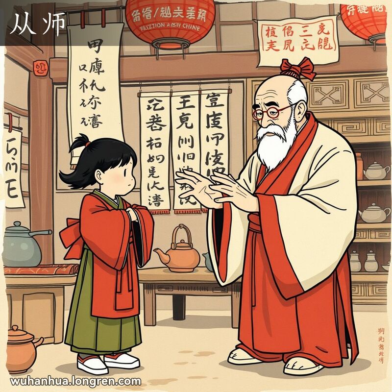 一位年轻的徒弟在传统工坊中，身穿传统中国服装，恭敬地站在一位年长的师父旁边，观察并模仿师父的动作，背景是传统的中国装饰。