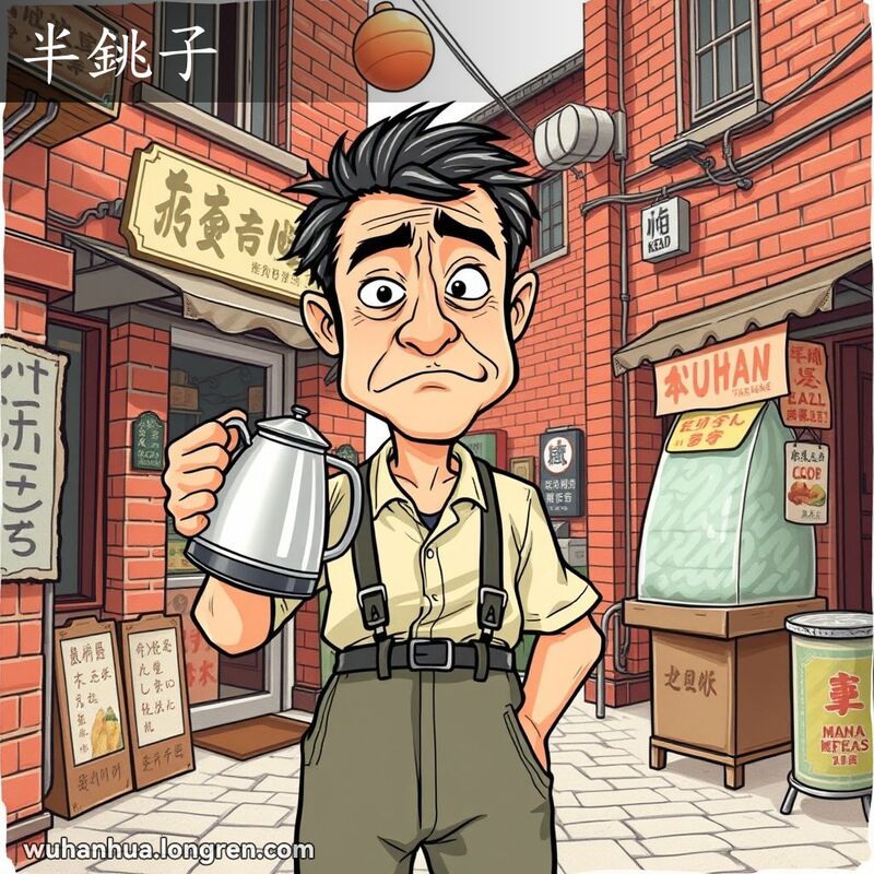 一位武汉男子站在老街上，手持半满的开水壶，表情乖僻，象征着他性格乖僻、半心半意的特点。