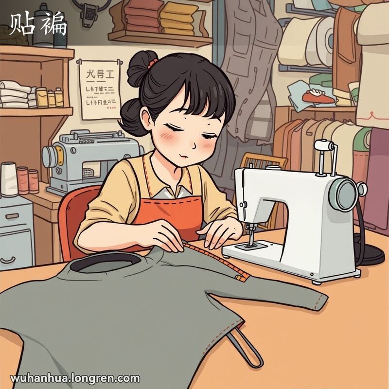 一位裁缝师坐在缝纫机前，专注地在衣服的里子边上缝一条窄条，背景是一个温馨的裁缝店