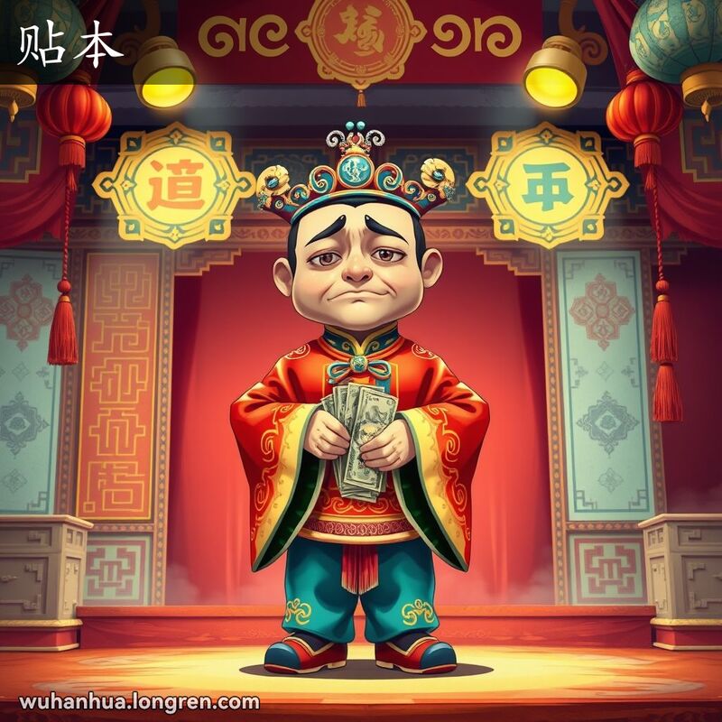 一位汉剧演员站在戏曲舞台上，手持金钱道具，表情失望，背景是传统戏曲布景