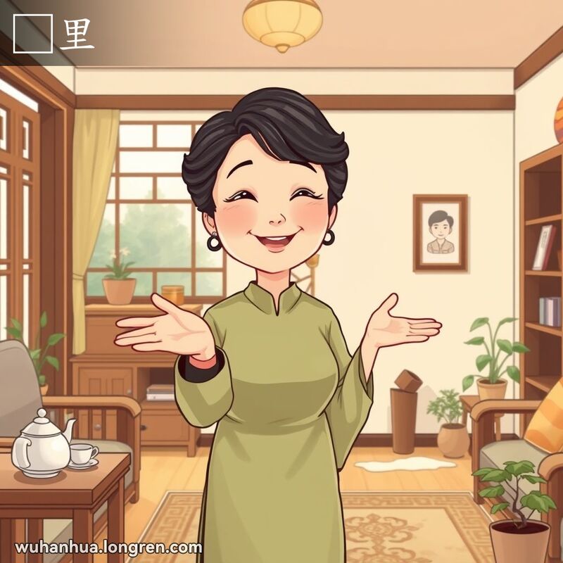 一位中年妇女在温馨的武汉家庭客厅中，手势邀请他人进入家中，脸上带着欢迎的微笑，背景有茶具、小盆栽和全家福照片