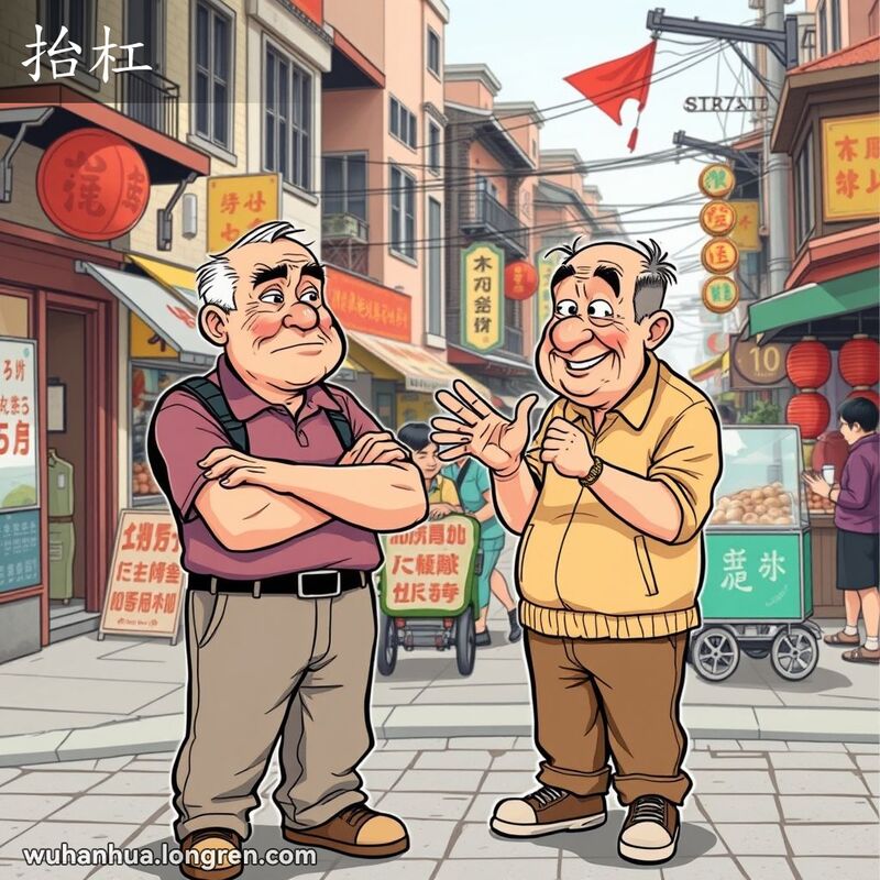 两位武汉男子在街头激烈争辩，背景是繁忙的武汉老街景