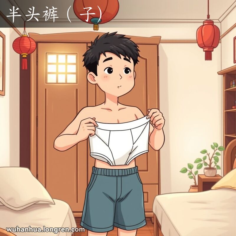年轻男子在卧室衣柜前手持白色平角短裤，背景有红灯笼和小盆栽