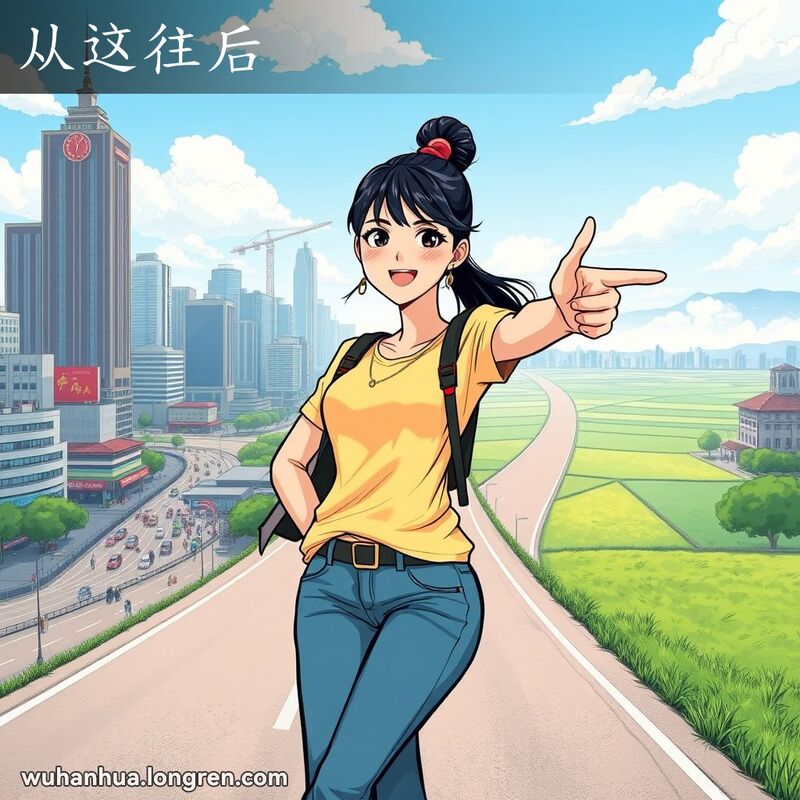 一位年轻的武汉女子站在十字路口，背后是城市景象，面前是明亮的未来，她指向前方，表现出坚定的决心。
