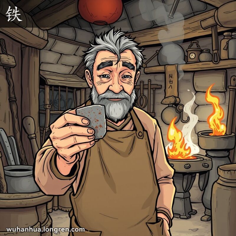 一位老铁匠在传统铁匠铺里手持铁块，背景有铁制工具和炉火，铁块有轻微锈迹