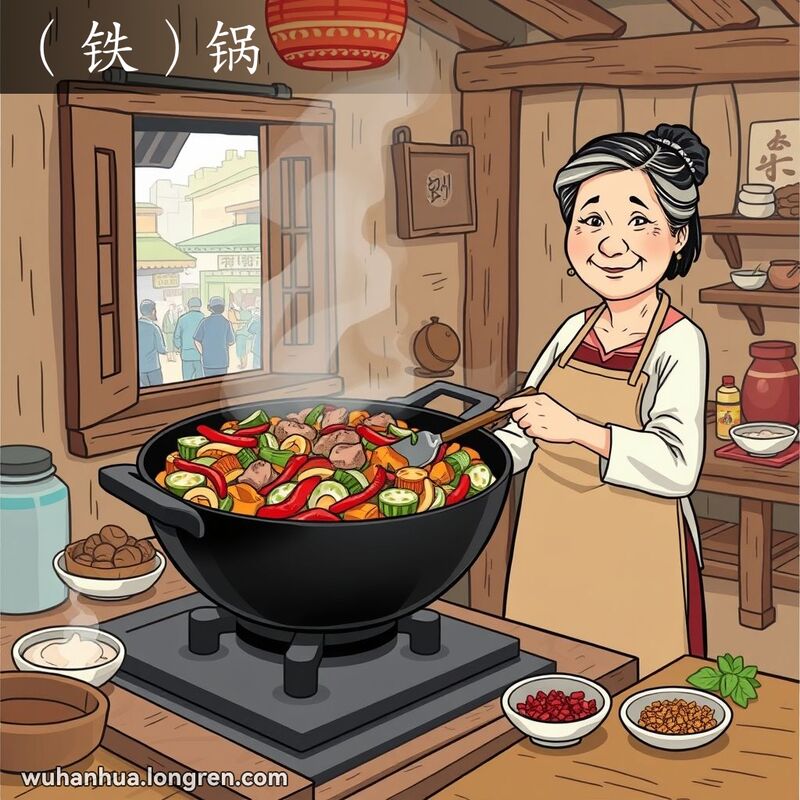 一个武汉厨房，铁锅里炒着蔬菜和肉，一位中年妇女在翻炒，背景是厨房和窗外的街景。