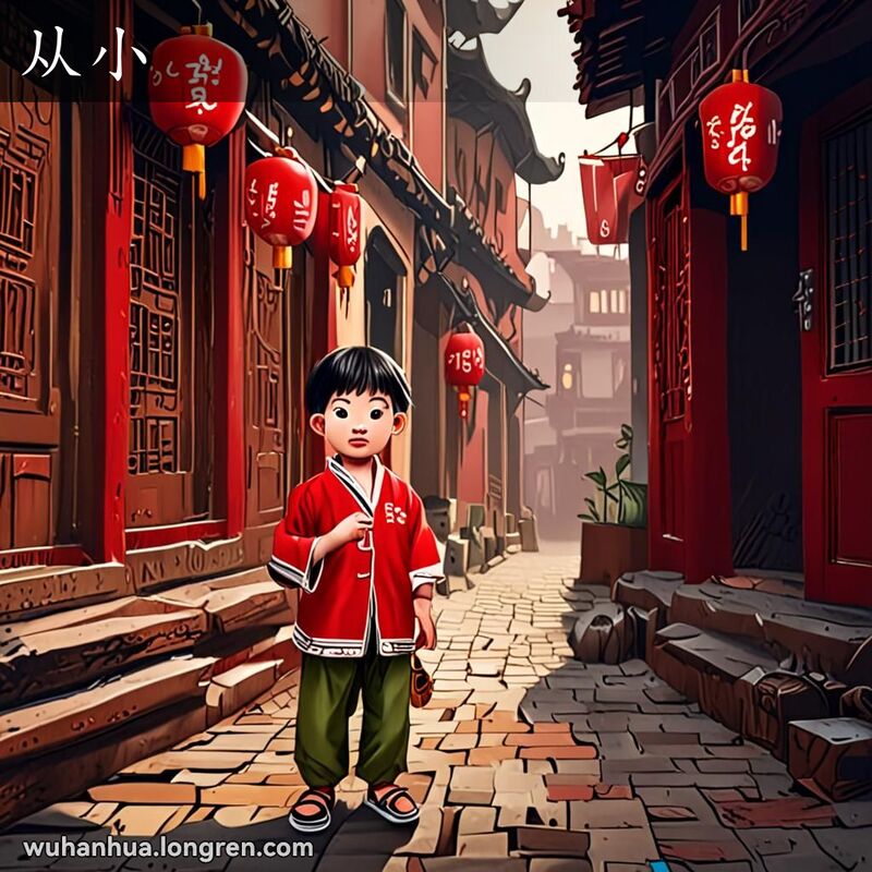 一个五岁左右的小男孩站在武汉老街背景中，手持小竹篮，表情坚定，象征从小就能吃苦耐劳。