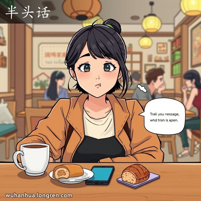 一位年轻的武汉女子坐在咖啡馆里，手持咖啡杯，面露困惑的表情，背景是温馨的咖啡馆场景，桌上有半块未吃完的糕点和一部显示未完成信息的手机。