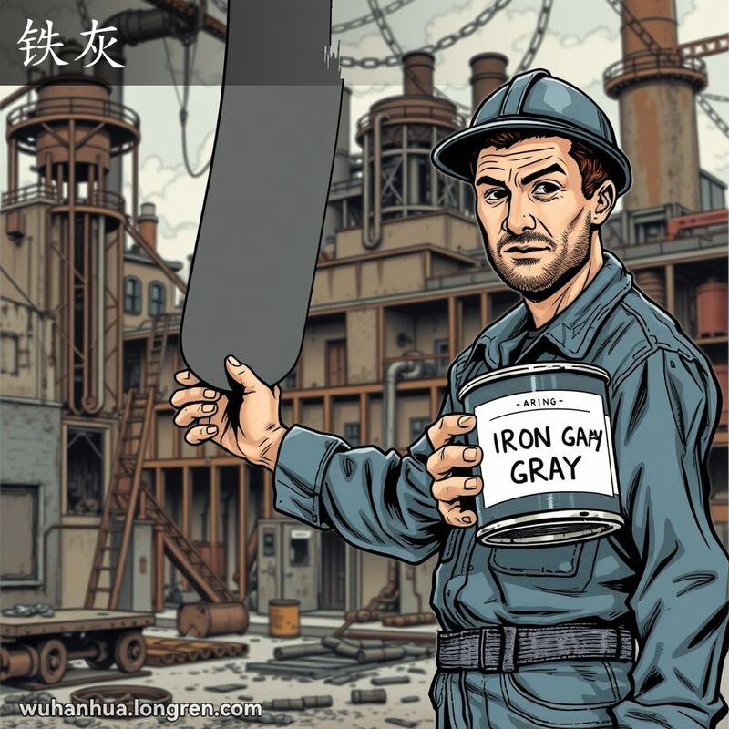 一位工人在老旧工厂背景下用深灰色油漆刷金属梁，体现“铁灰”的浓重色调。