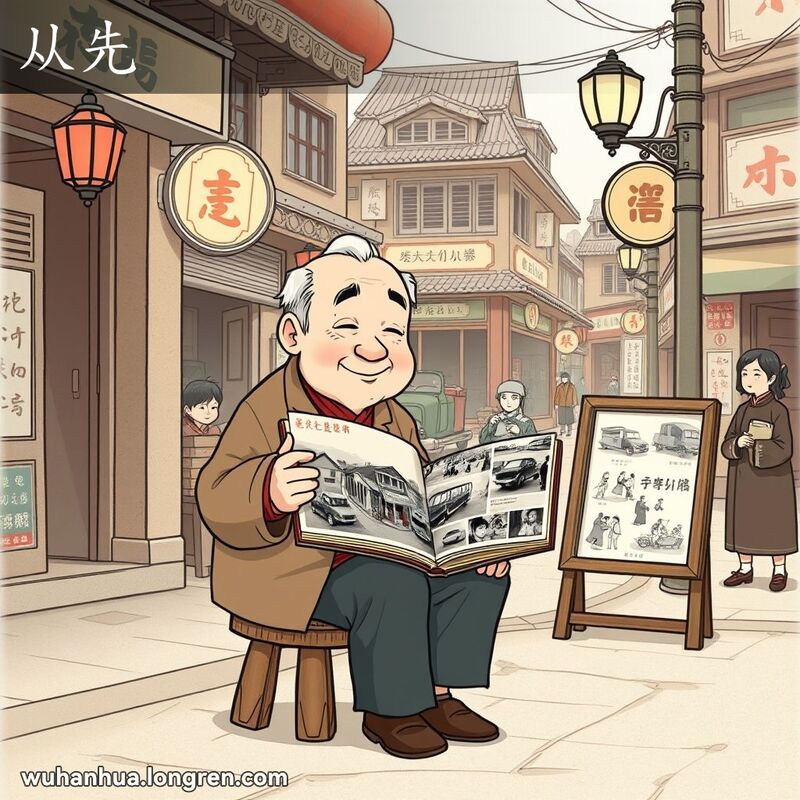 一位老人坐在武汉老街的旧店铺前，手捧旧相册，回忆过去的场景，背景有老式街灯和旧招牌