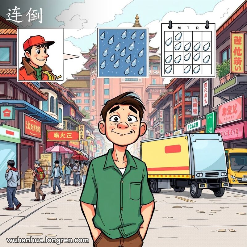 武汉市繁忙街道，背景是传统建筑和热闹市场，画面中连续发生几个事件，表现武汉方言“连倒”的意思。