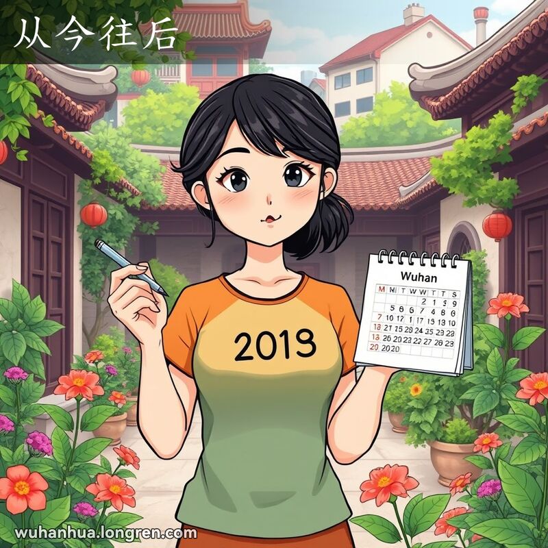 一位年轻女子在武汉庭院中手持日历，神情坚定，象征着“从今往后”的新起点。