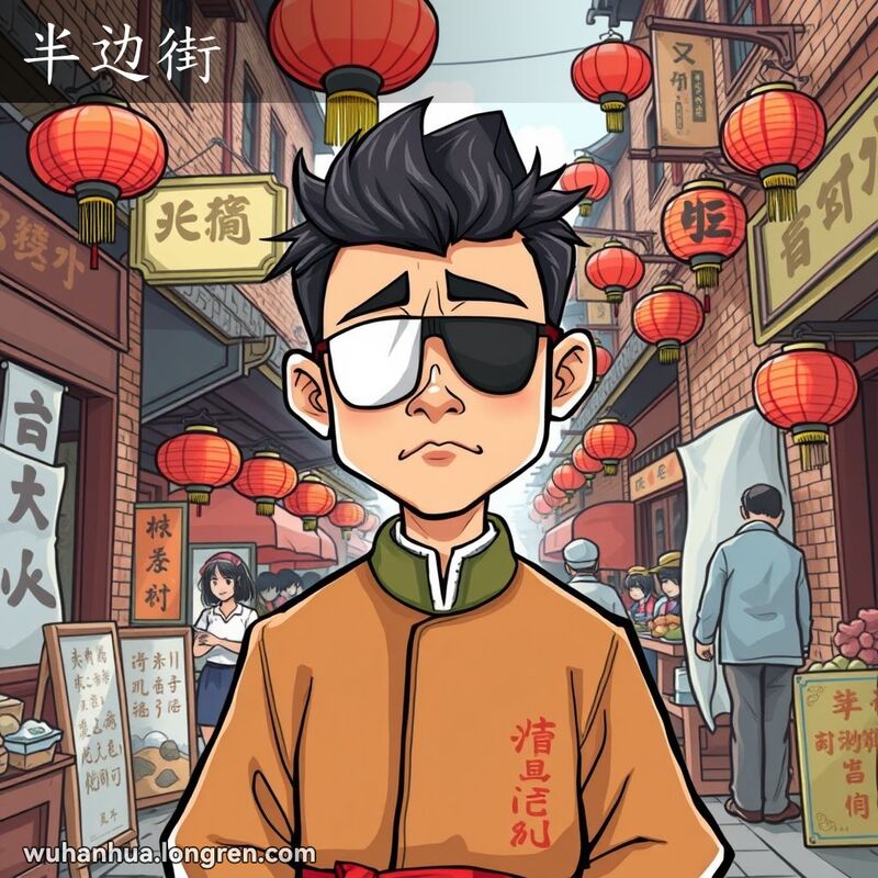 一位武汉市民戴着眼罩站在热闹的老街市场中，表情略显恼怒和讽刺，背景有老砖墙和红灯笼