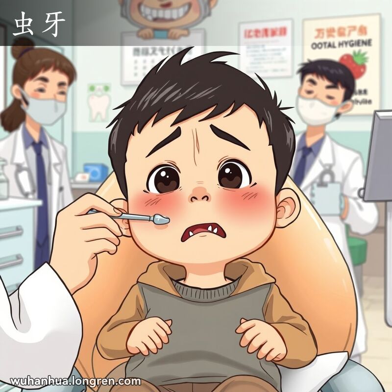 一位武汉小孩坐在牙医椅上，牙医正在检查他的蛀牙，背景是牙科诊所