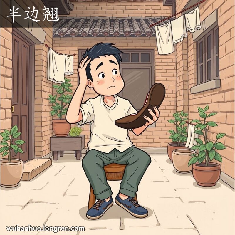 一位男子坐在武汉庭院的木凳上，手持一只鞋底脱落的鞋子，露出困惑的表情，背景是武汉老庭院景