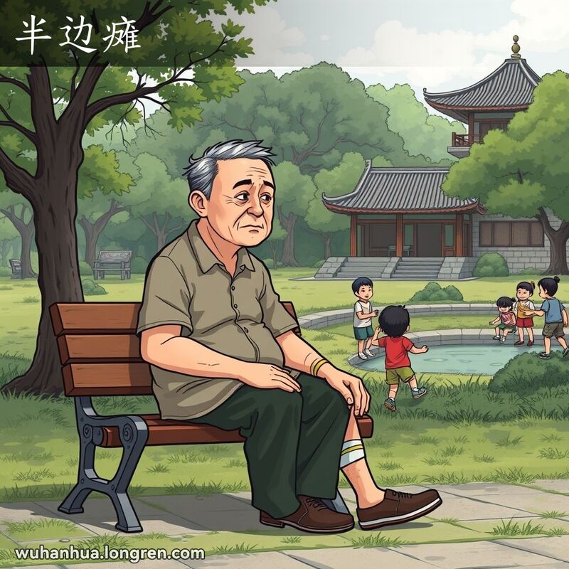 一位中年武汉男子坐在公园长椅上，身体一侧瘫痪，面部一侧下垂，望着玩耍的孩子们，背景是武汉公园景象