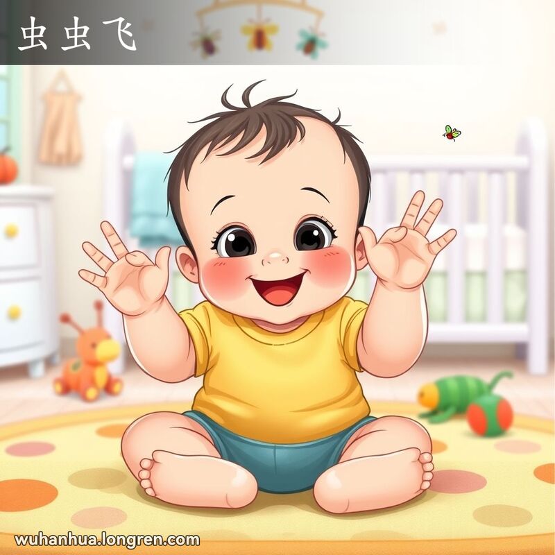 一个婴儿坐在垫子上，手指模仿飞行的昆虫，背景是温馨的婴儿房
